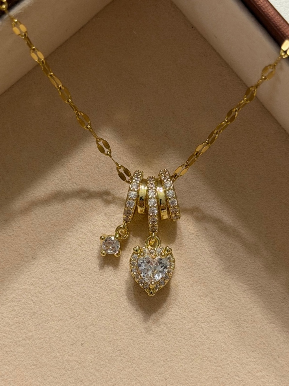 Golden Heart Zirconia Stainless Steel Stamped Necklace Chain